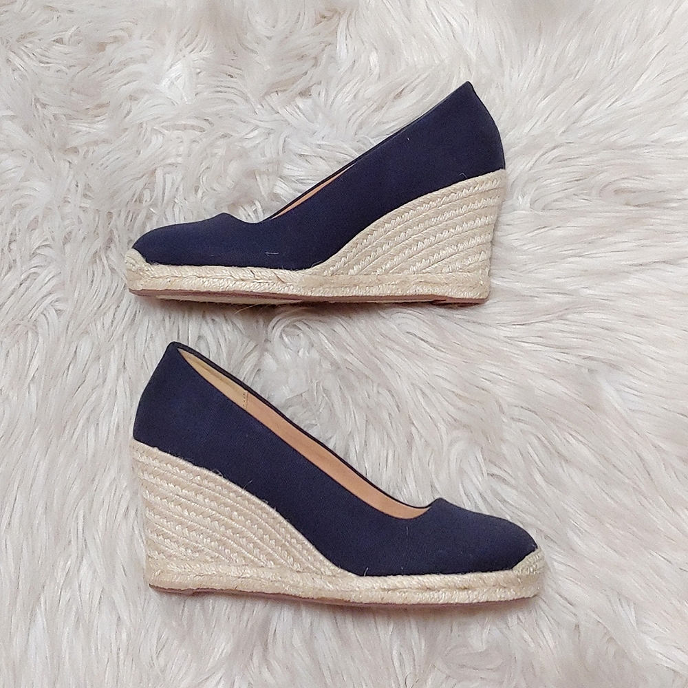 NEW J. CREW Canvas Espadrille Wedge Navy 6